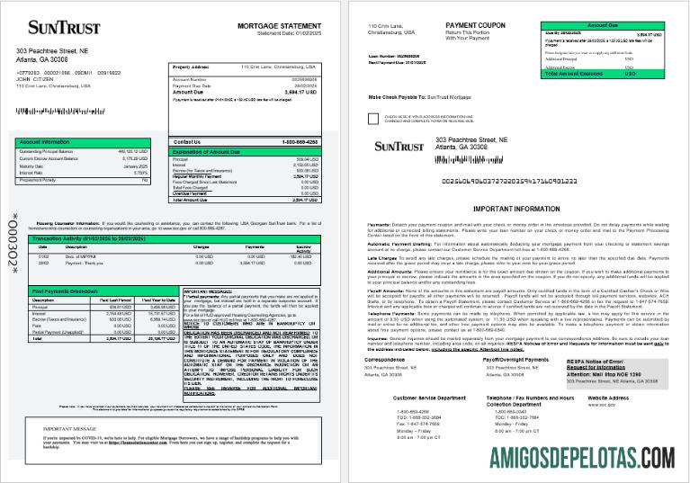 Extrato de hipoteca do SunTrust Bank da Geórgia dos EUA em formatos Word e PDF 1 2 exemplo real